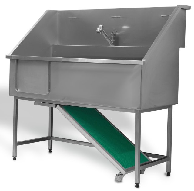 Hundewaschbecken aus 304-Edelstahl mit Einlauframpe – für Groomer und Tierkliniken.